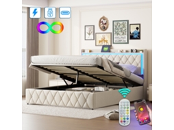 Cama Estofada 140x190 Cm, Cama De Casal, Usb Tipo C, Com Luzes Led, Com Caixa De Armazenamento, Tecido De Veludo Bege