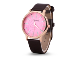 Relógio Analógico de Quartzo Feminino Ulzzang com Mostrador Grande Pulseira Pu Rosa Café