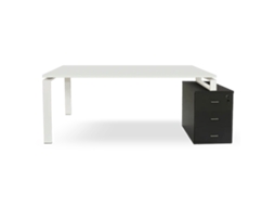 Mesa Com Gavetas Em Cinza Grafite. Estrutura De Metal Branca. 75 X 215,5 X 80 Cm. Tampo Branco. Ofilike
