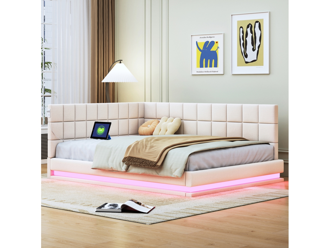 Sofá Cama 140x200 Com Led Usb Látice Linho Bege