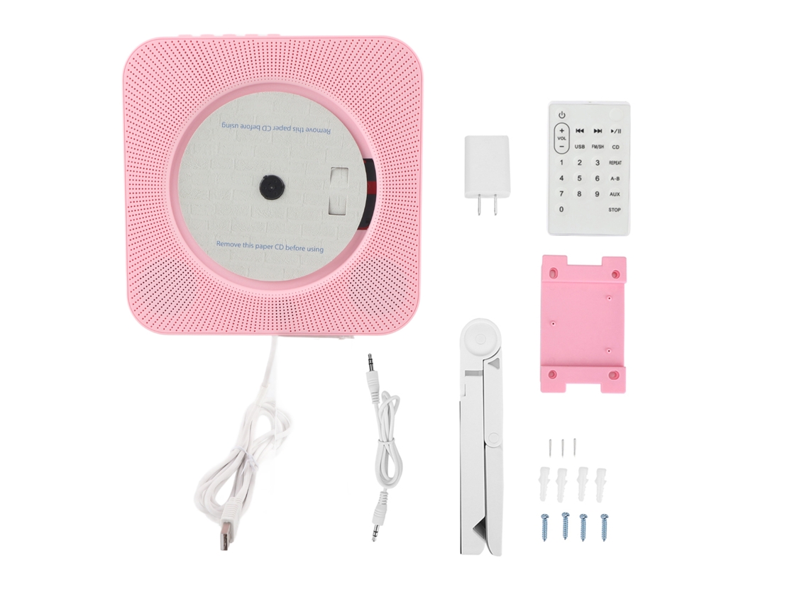 Reprodutor de CD com Bluetooth, comando à distância, rádio FM, MP3, USB, suporte de parede, rosa