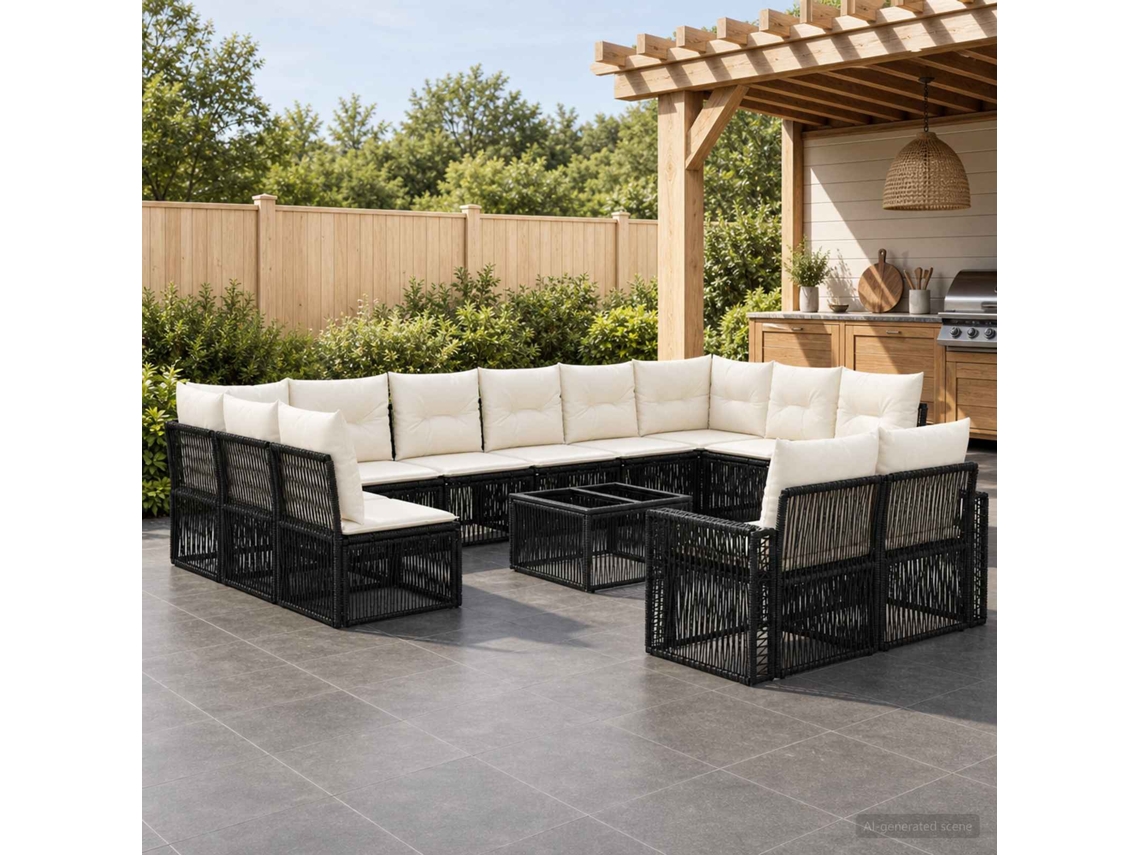 Vidaxl Conjunto De Sofá De Jardim 13 Pcs Preto E Branco Creme Vime Pe