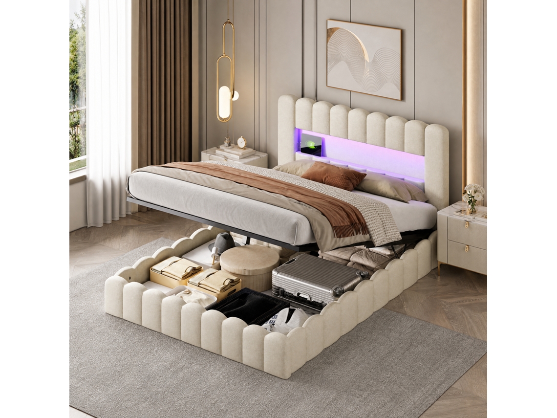 Cama Estofada Bubble Bed 160x200cm, Cama Hidráulica Com Espaço De Arrumação E Base De Ripas, Cama De Casal Com Led E Usb, Linho, Bege, Simurq