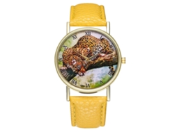 Relógio de quartzo unissex com pulseira de couro PU, mostrador de estampa de leopardo, amarelo, fashion