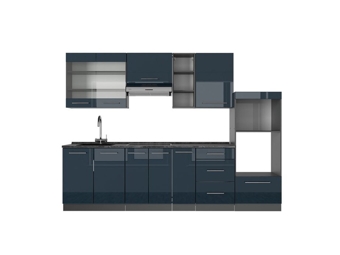 Cozinha Fame-Line, 280 cm sem bancada, Azul escuro brilhante/Antracite, VICCO