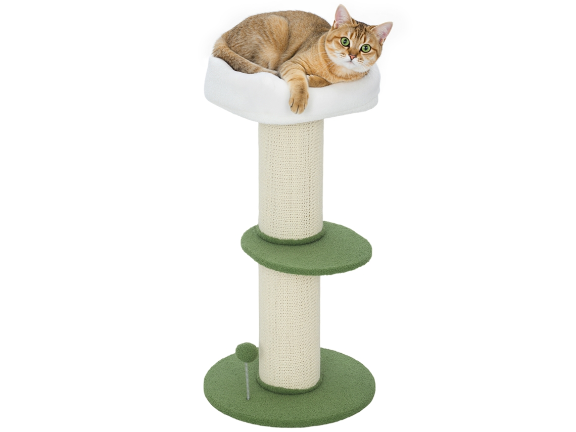 Árvore Para Gatos De Três Níveis Com Formato De Flor, Barril Arranhador, Plataforma E Bola, Poste De Sisal, Ø 45 X 92 Cm, Verde