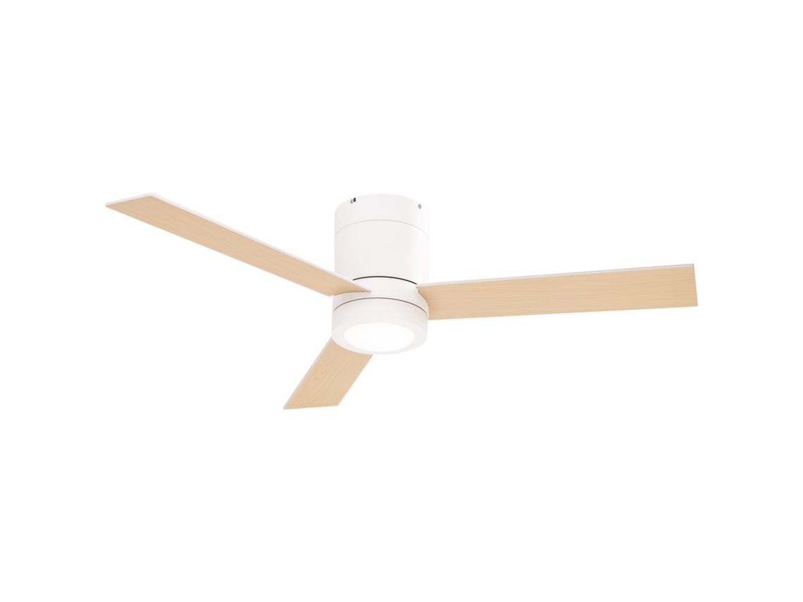 Ventilador Teto Motor Ac 48w Led Controle Remoto 3 Pás Madeira Branco Ø112x25 Cm