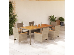 Vidaxl 7 Pcs Conjunto Jantar Jardim C/ Almofadões Vime Pe/acácia Bege