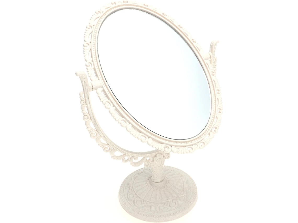 Espelho De Maquiagem Oval Vintage De Dupla Face Com Suporte Bege Para Penteadeira.