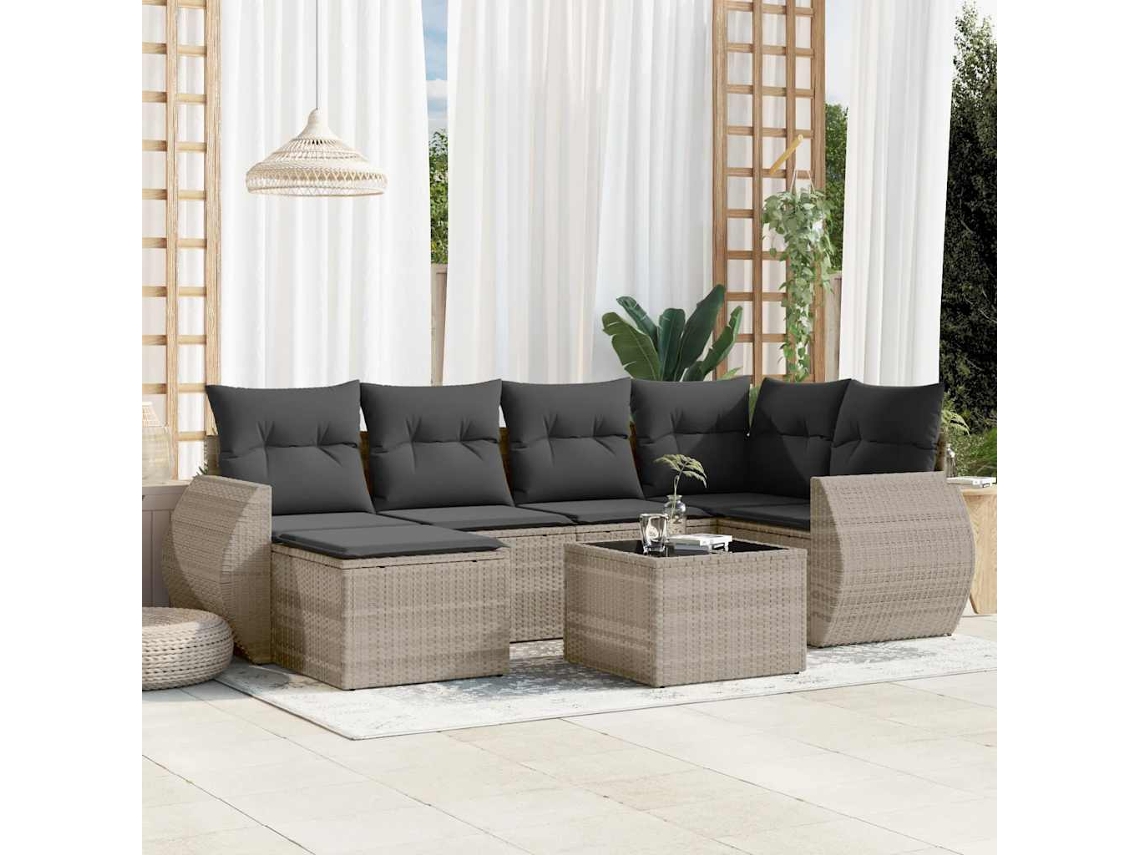 Vidaxl 7 Pcs Conj. Sofás Jardim Com Almofadões Vime Pe Cinzento-claro