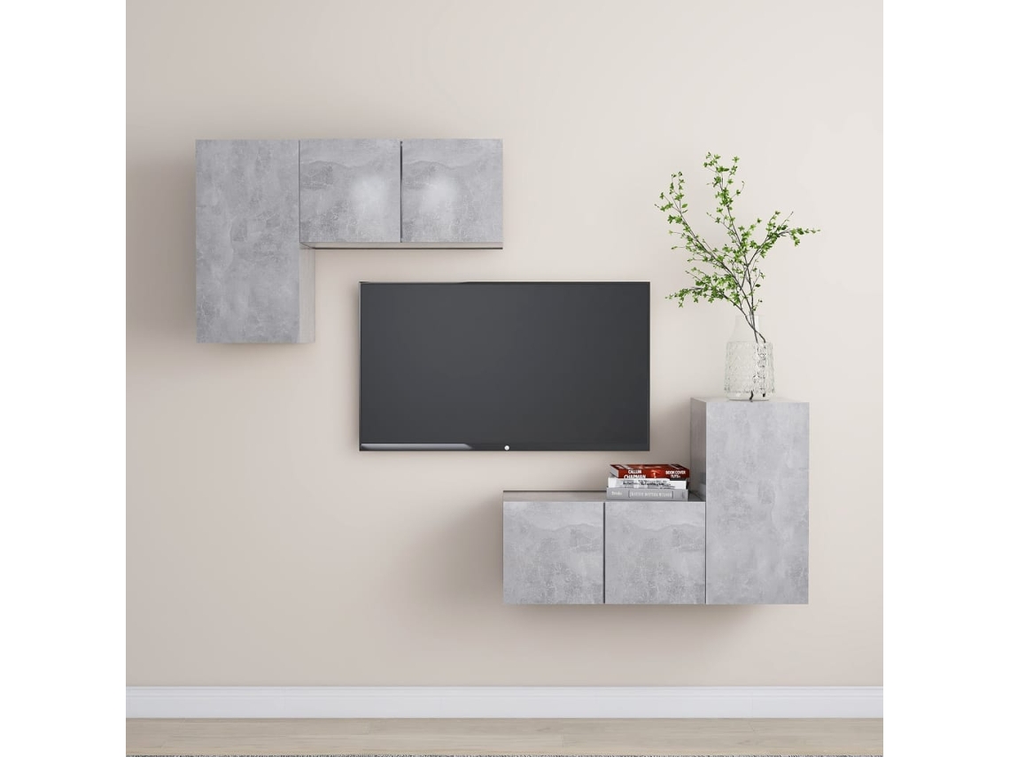 4 Pcs Conjunto De Móveis De Tv | Gabinete Tv | Armário Tv Contraplacado Cinzento Cimento
