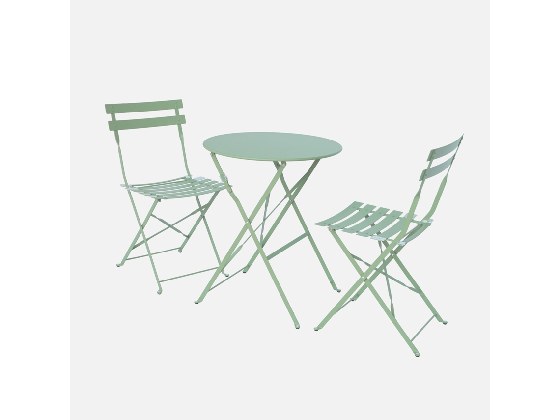 Conjunto De Jardim Com Mesa Bistrô Dobrável Em Aço Com 2 Cadeiras, Ø60cm, Verde Cinzento