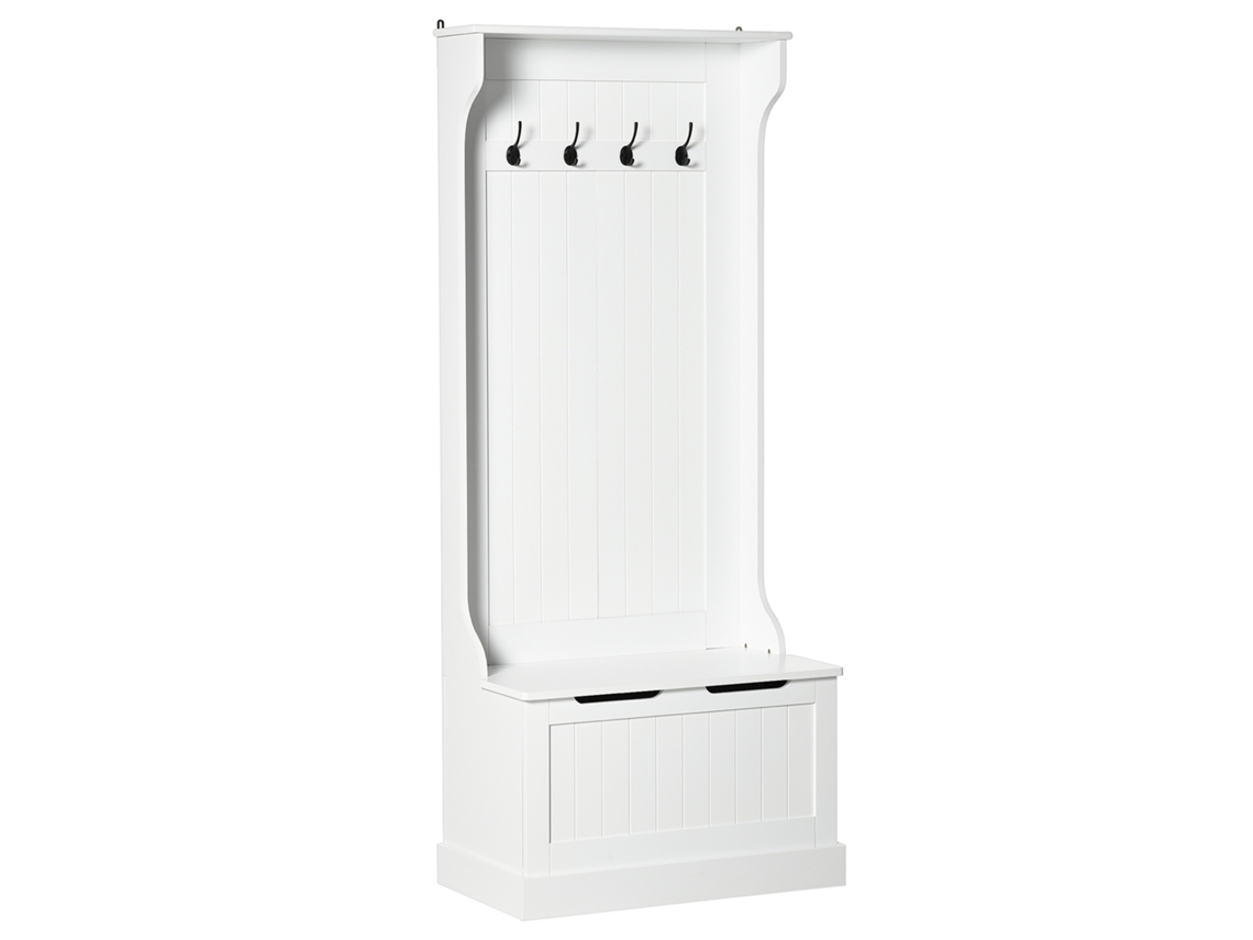 Cabideiro de chão moderno 3 em 1 com 4 ganchos, banco com compartimento e cabideiro 71,5x39,5x170 Cm branco BTFORUS