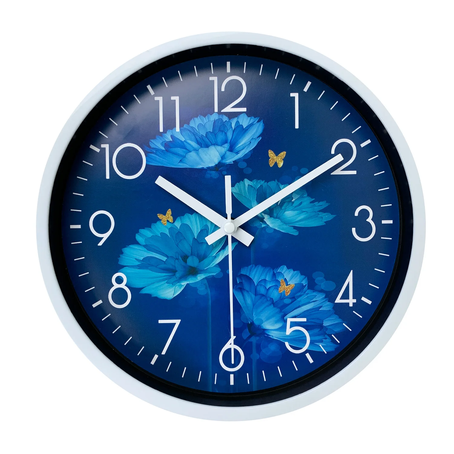 Relógio De Parede (8 Polegadas) Com Estampa De Lótus Azul E Borboleta Amarela, Design Silencioso.
