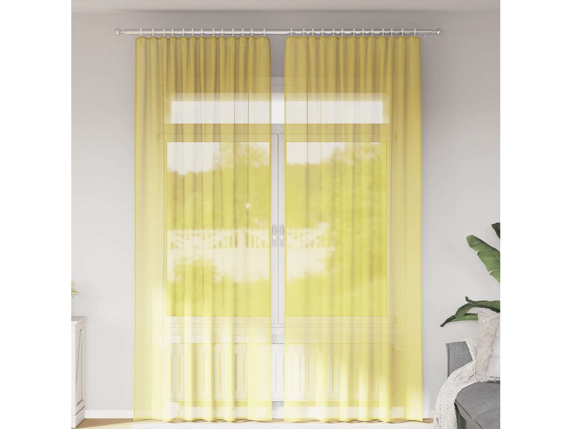Vidaxl Cortinas De Voile Com Bolsos Para Varão 2 Pcs Amarelo