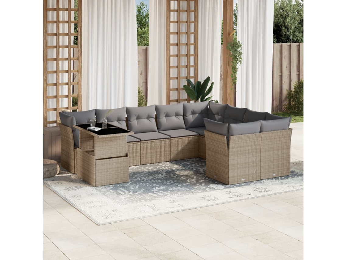 Vidaxl 10 Pcs Conjunto De Sofás P/ Jardim Com Almofadões Vime Pe Bege