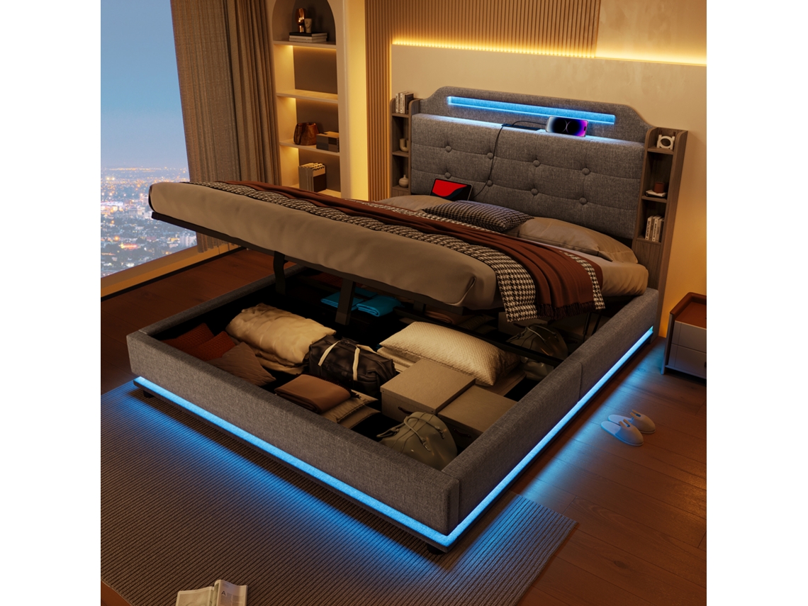 Cama Estofada, 140*200cm, Com Fita De Luz Led, Armazenamento Hidráulico, Compartimentos Múltiplos, Sem Colchão, Usb + Type-c, Linho, Cinza-op
