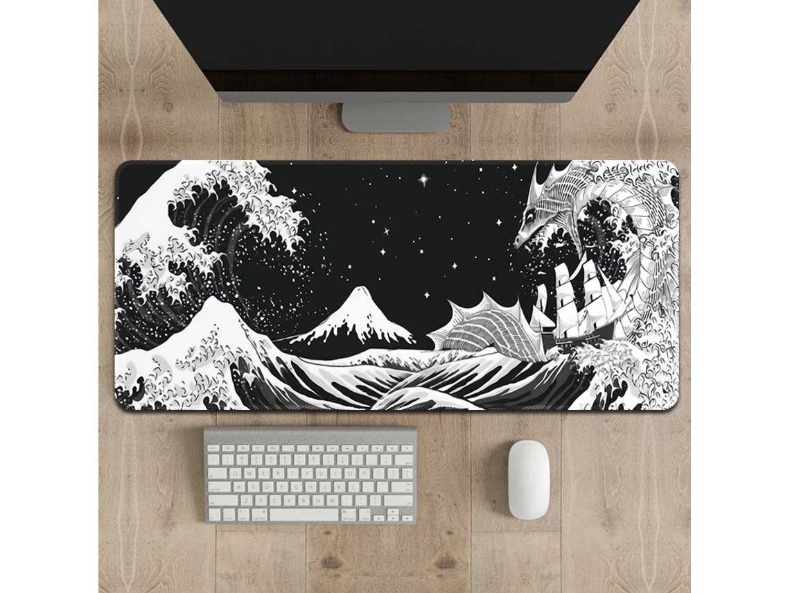 Mousepad Gamer Com Ondas Japonesas Em Preto E Branco E Dragão Marinho Textura Abstrata 80x30cm Antiderrapante R Brilvibera (31,5x11,8 Polegadas)