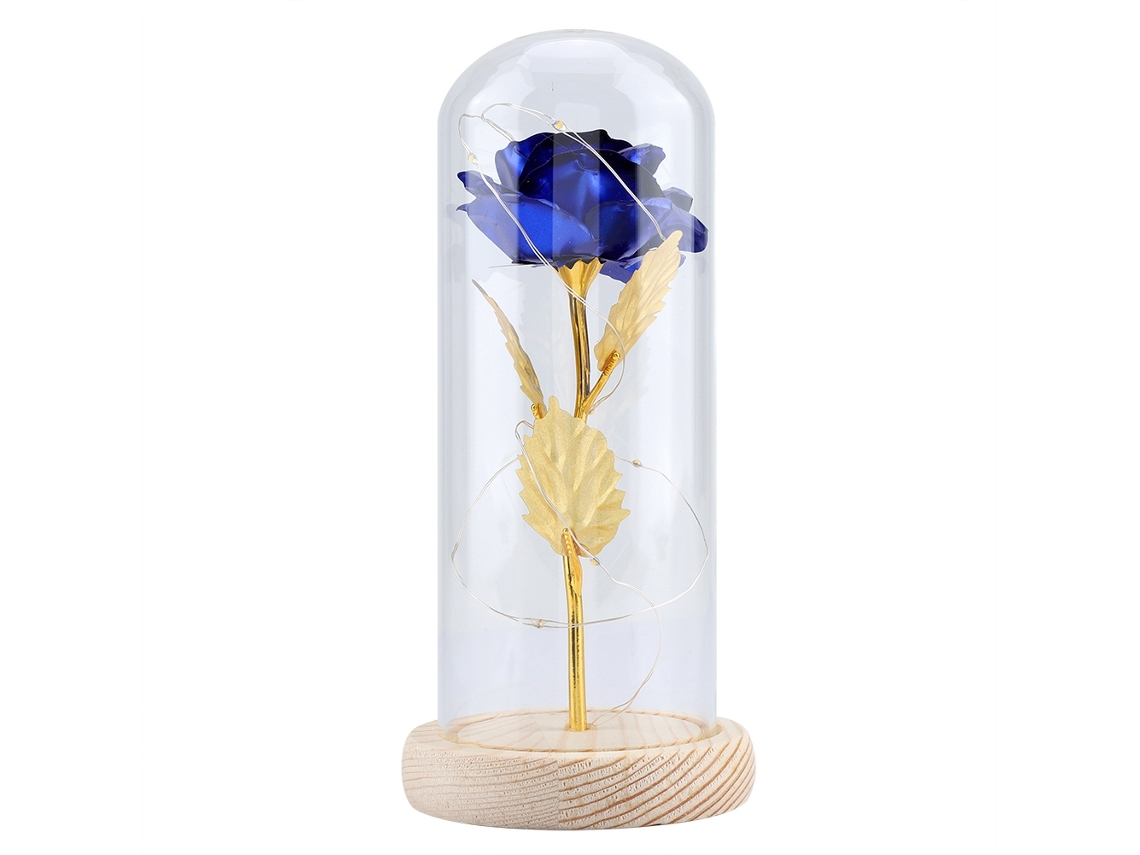 Flor Preservada com Luz Led Vidro Base Madeira Azul