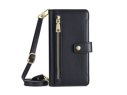 Capa De Celular Multifuncional Em Couro, Modelo Flip Crossbody, Compatível Com Iphone 17 Pro, Com Cordão. Cor Preta.