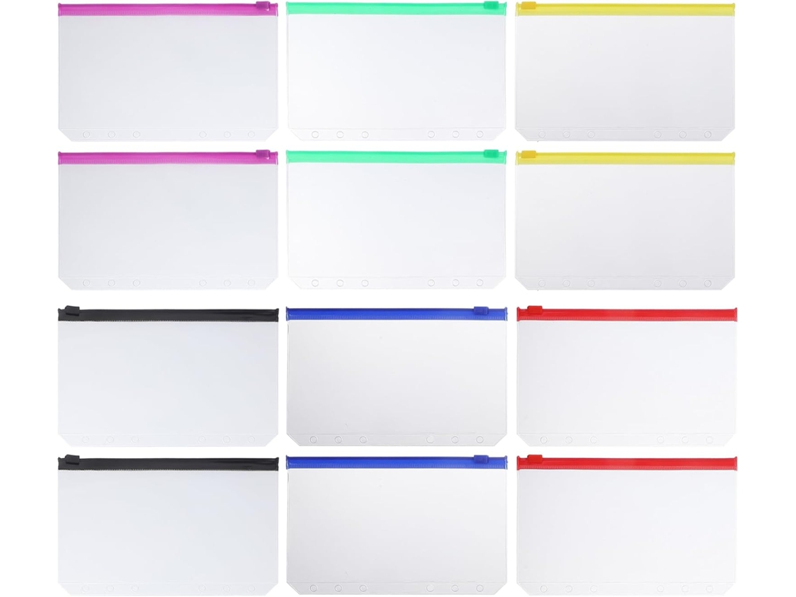 Conjunto Homsfou com 12 pastas organizadoras com fecho de correr e sacos de PVC soltos para guardar cartões, notas e recibos.