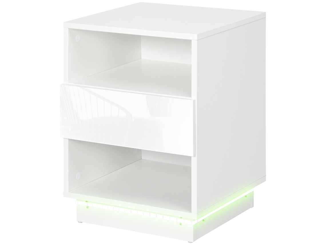 Mesa De Cabeceira Moderna Com Luz Led Controlo Remoto Gaveta De Alto Brilho E 2 Prateleiras 40x40x55 Cm Branco