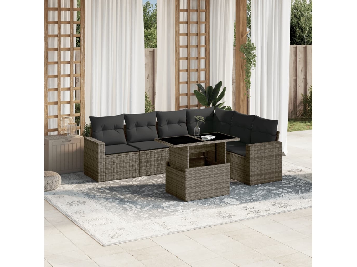 Vidaxl 7 Pcs Conjunto Sofás P/ Jardim C/ Almofadões Vime Pe Cinzento
