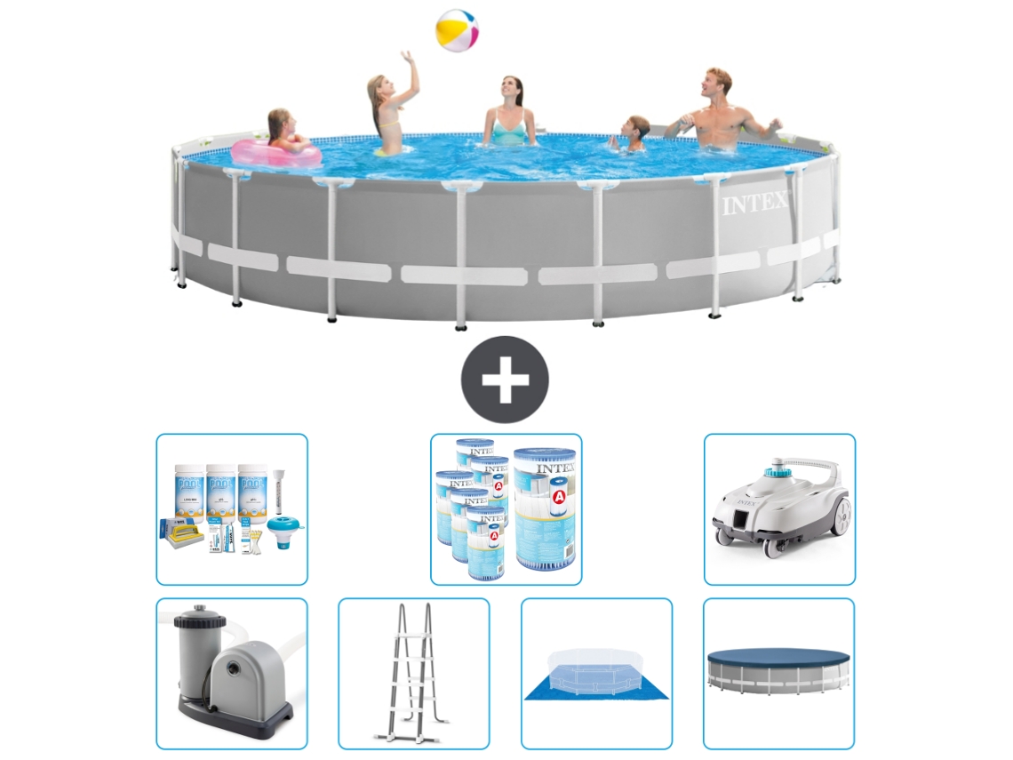 Piscina INTEX Round Prism Frame 548 X 122 Cm Cinza Inclui Bomba Escada Lençol Cobertura Pacote de Manutenção Filtros Aspirador de Pó