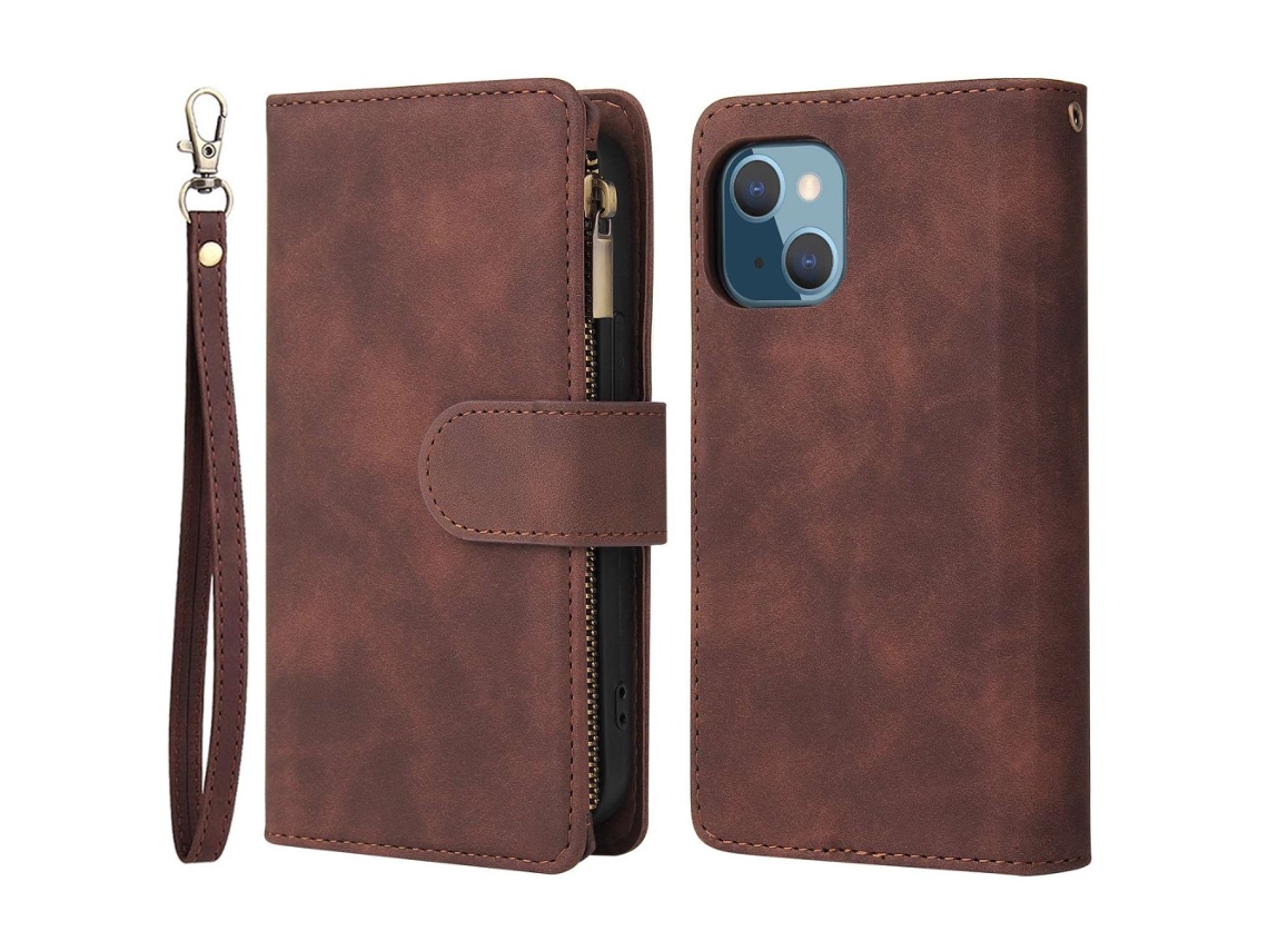 Capa Quedas Para Iphone 14 Plus Pele Sintética Com Porta-cartões Castanho
