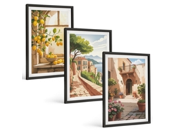 Conjunto De Pinturas Frutas Cítricas Na Cozinha, Mar, Cidade Moldura Preta Imagens Para Um Quarto Infantil Espelharte (3 Piezas De 40x60 Cm)