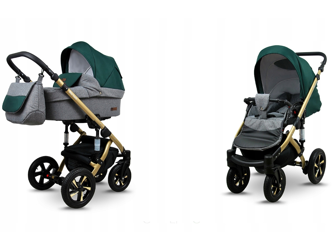 Carrinho de Bebé Multifuncional BABYLUX SKY LARK 2 Em 1 -Grey Flex Green GOLD FRAME - Ajustável e dobrável Construção leve em alumínio - Acessórios