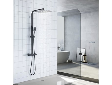 Coluna de Duche Preta com Misturador Termostático Alta Regulável 90-116 Cm Cabeça Alta 30X30 Cm Aço Inoxidável AURALUM MAX