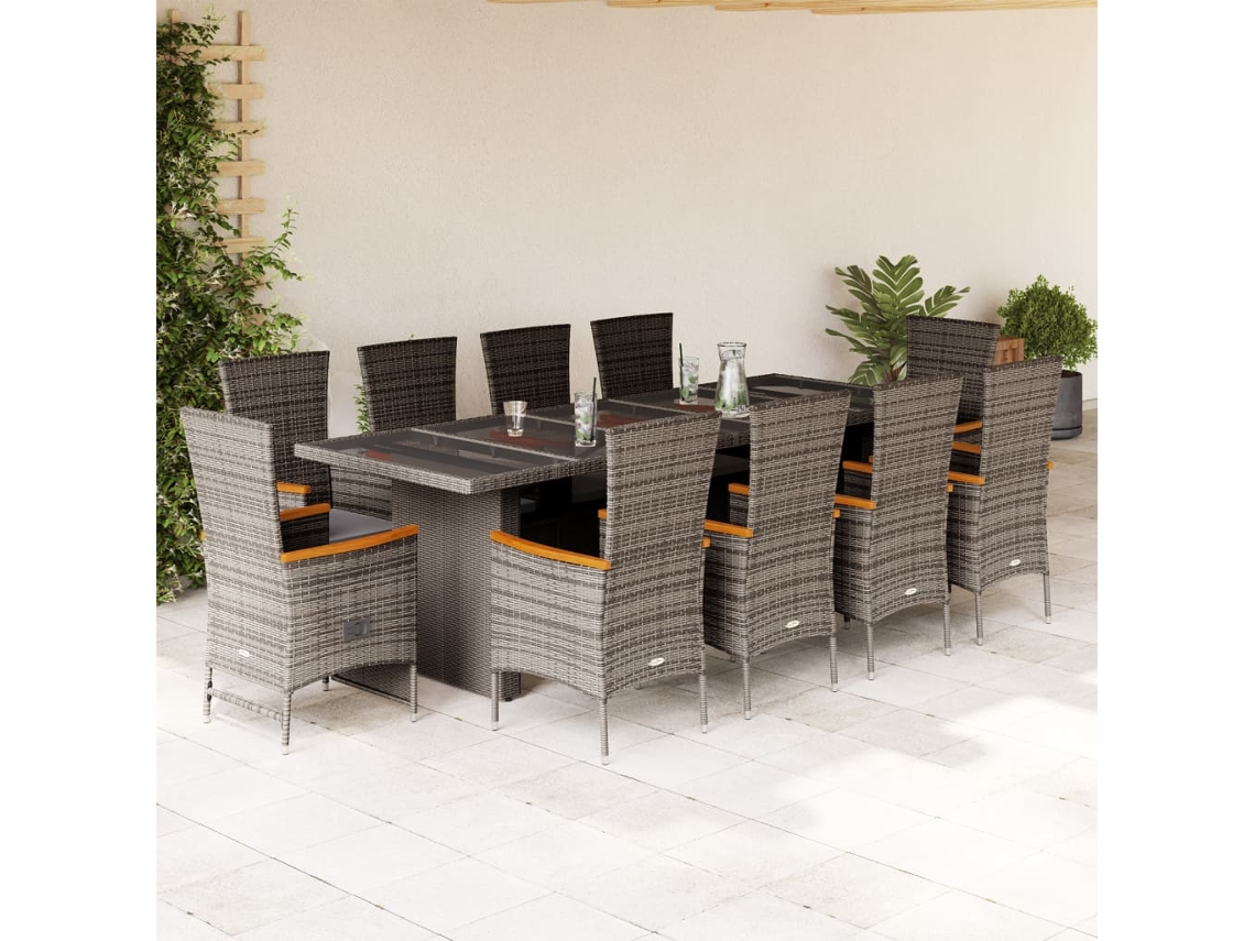 Vidaxl 11 Pcs Conjunto Jantar P/ Jardim C/ Almofadões Vime Pe Cinzento