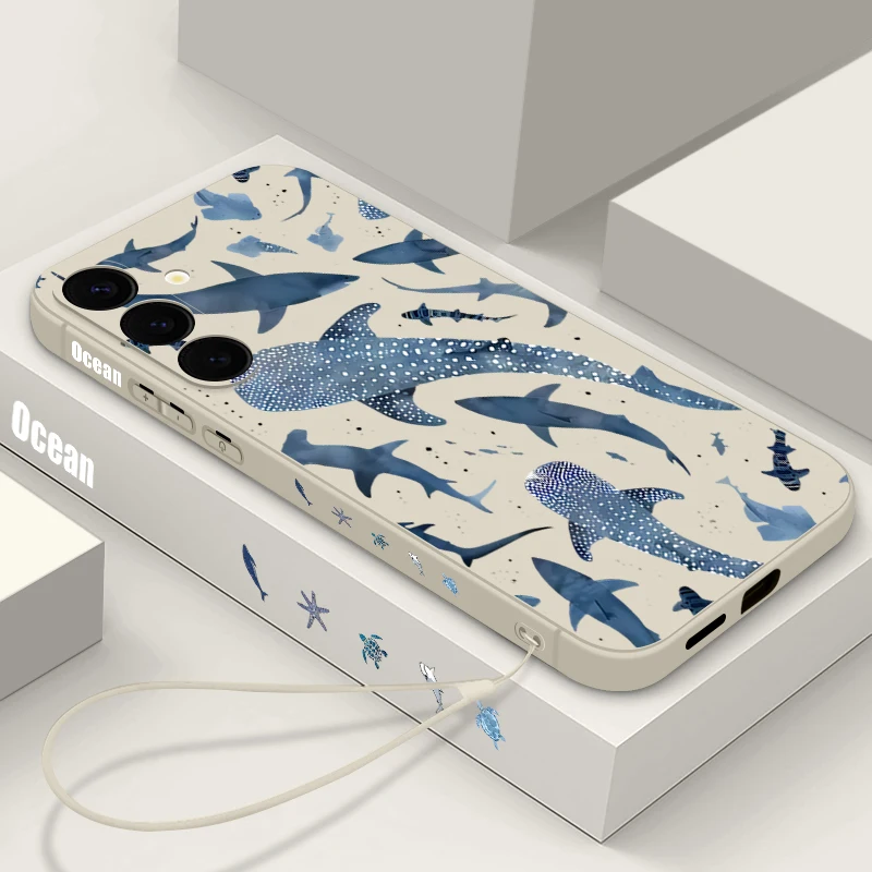 Capa Para Celular Galaxy S22 5g Com Estampa De Baleia E Cordão Magnético De Tpu (bege).
