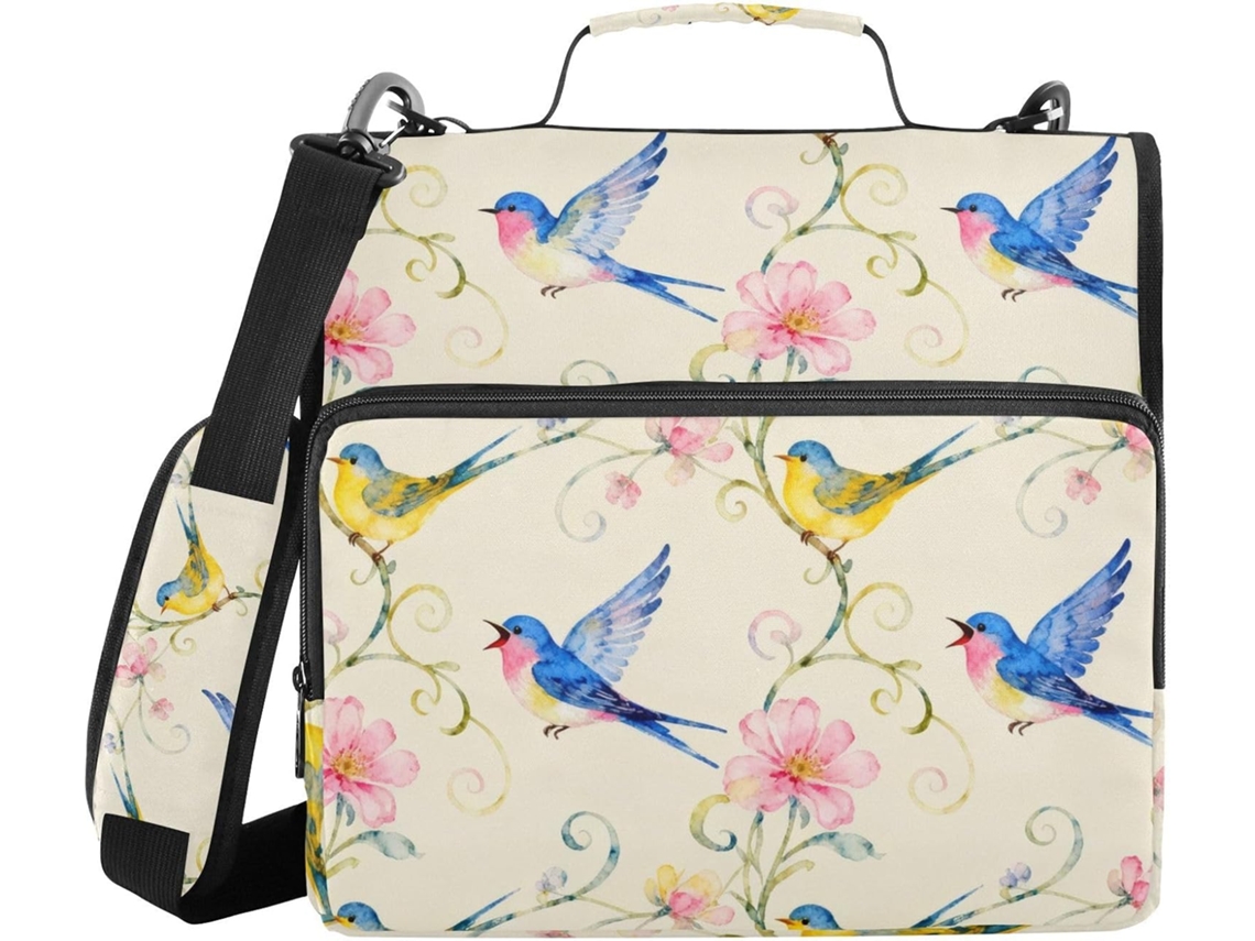 Pasta Organizadora Impermeável Documentos, Com Alça, Fundo Floral Com Pássaros Em Tons De Bege, Azul E Amarelo