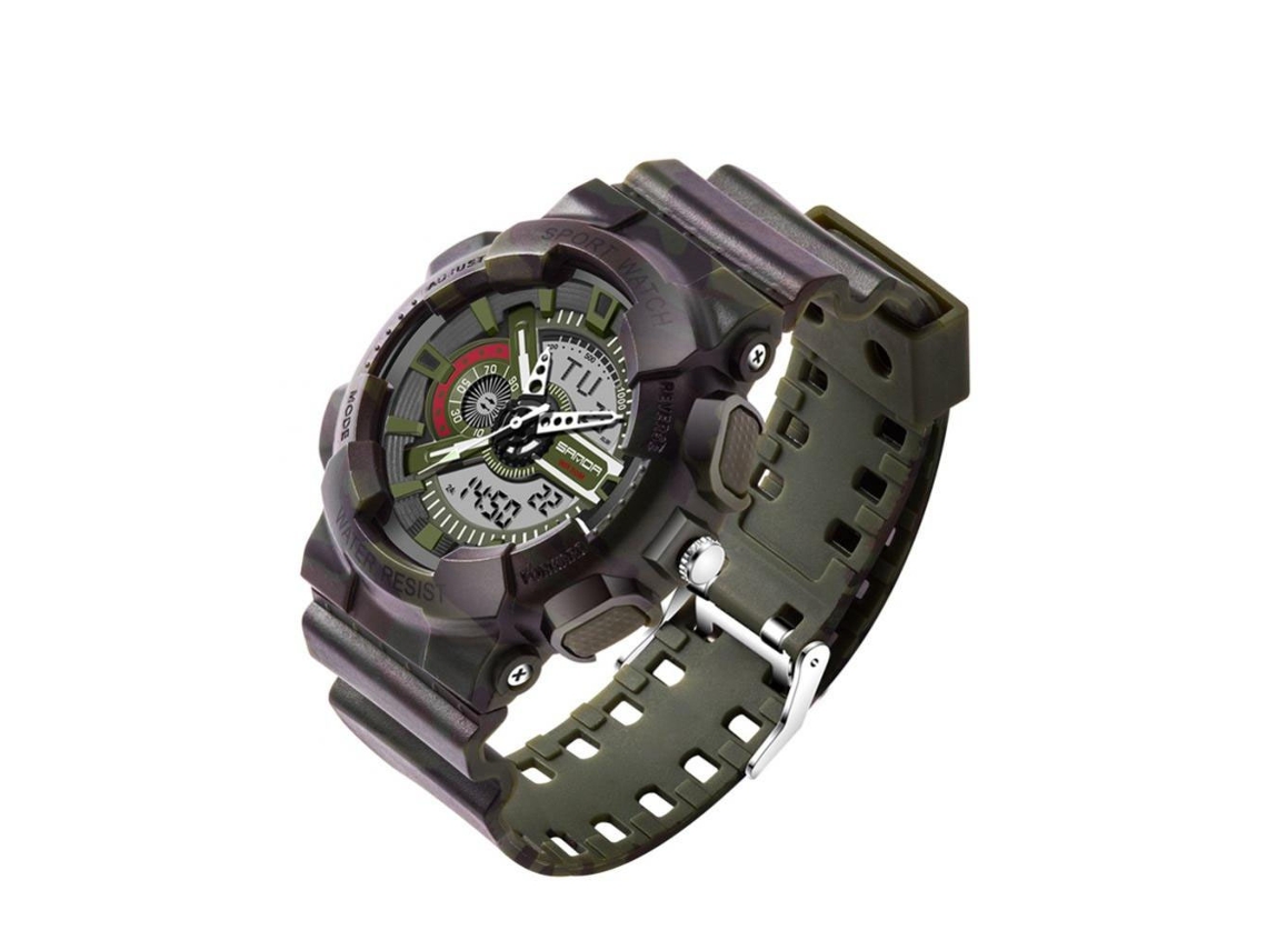 Relógio eletrônico Sanda à prova d'água com visor duplo, camuflagem verde militar/preta