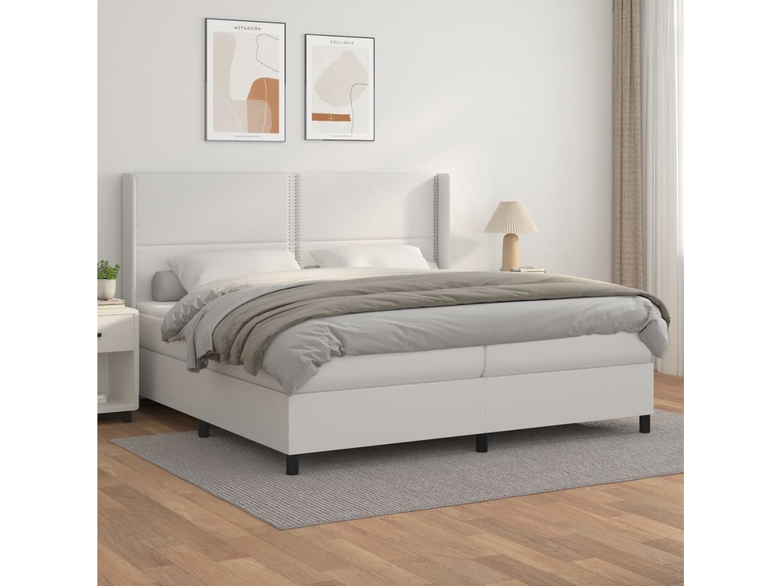 Cama Com Molas/colchão 200x200 Cm Couro Artificial Branco
