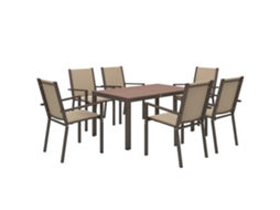 Conjunto Jardim 7 Peças Em Plástico, 6 Cadeiras Empilháveis E Mesa Retangular, Cáqui E Marrom