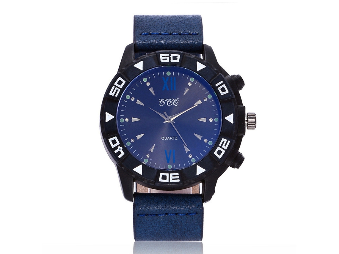 Relógio masculino de negócios, estilo quartzo, CCQ, com mostrador grande em couro azul, modelo C110.