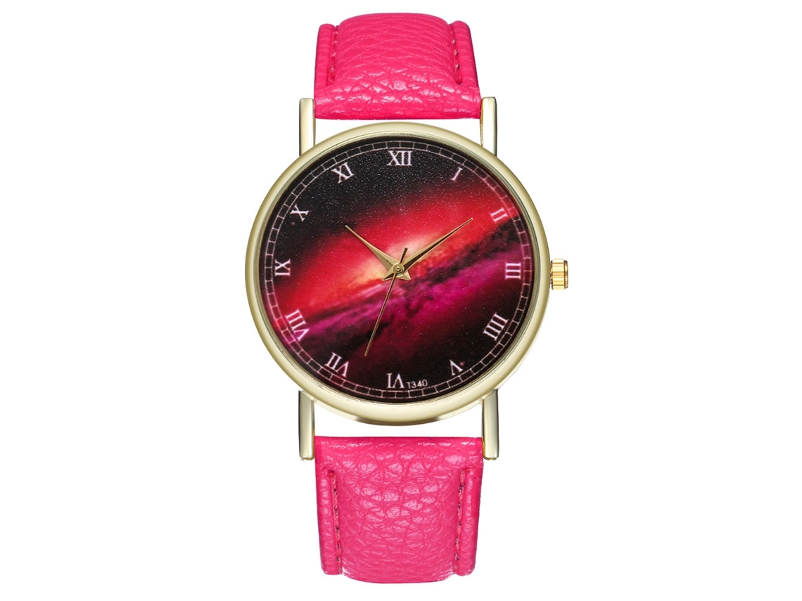 Relógio de pulso em liga metálica com mostrador analógico redondo de quartzo para casais, cor vermelho rosado.