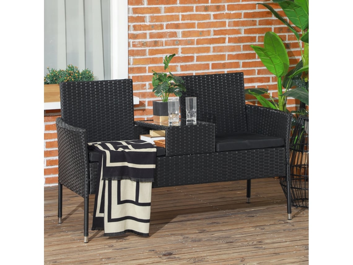 Sofá Para Área Externa De 2 Assentos Com Mesa Central, Em Aço E Rattan Sintético Pe, 137x59x82 Cm, Na Cor Preta