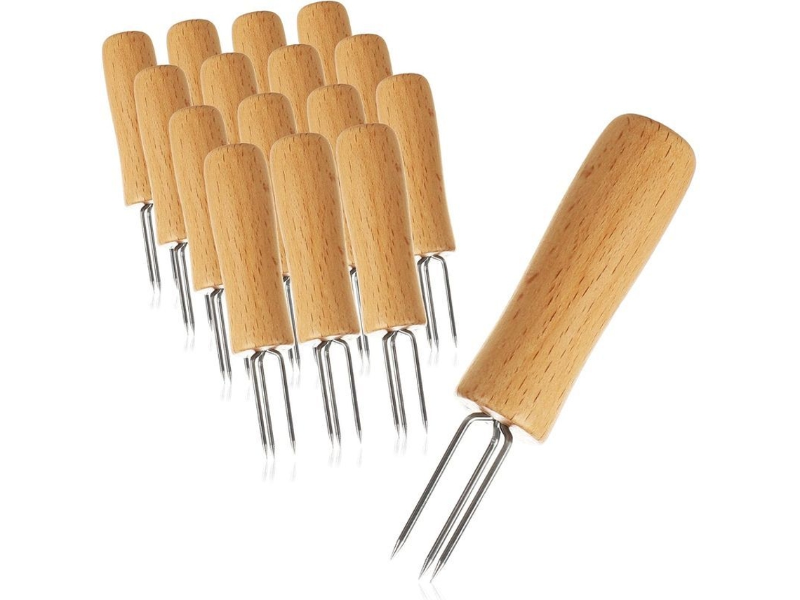 16 garfos de batata com 3 dentes de aço inox, resistentes, com cabos de madeira