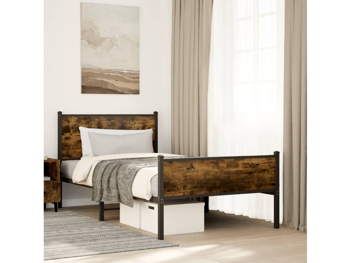 Estrutura De Cama Sem Colchão 100x200 Cm Metal Carvalho Fumado