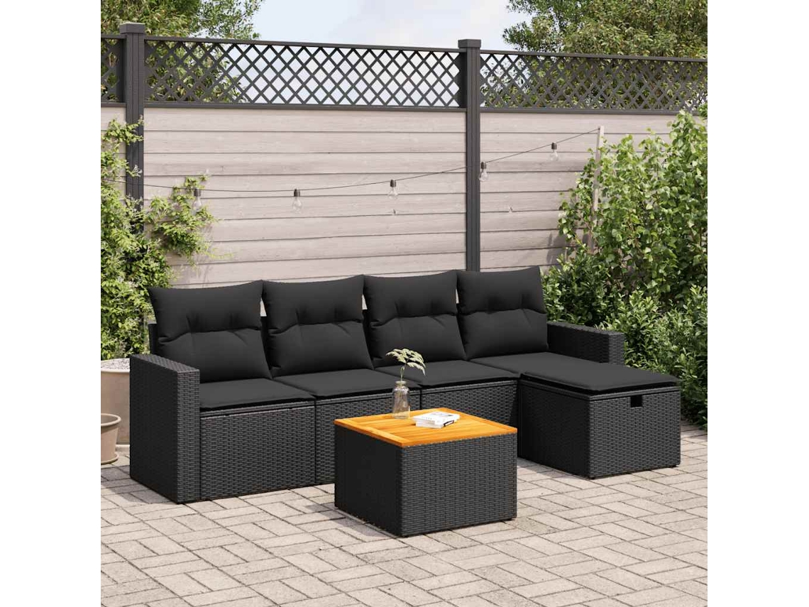 Vidaxl 6 Pcs Conjunto Sofás De Jardim C/ Almofadões Vime Pe Preto