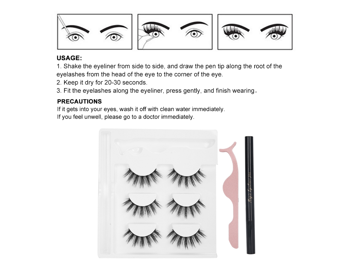 Conjunto De Maquiagem Com Eyeliner Líquido Autoadesivo, Cílios Postiços Líquidos E Pinças (caixa Preta) + Eoocoo