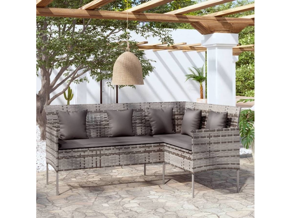 vidaXL Sofá formato em L com almofadões vime PE cinzento Worten.pt