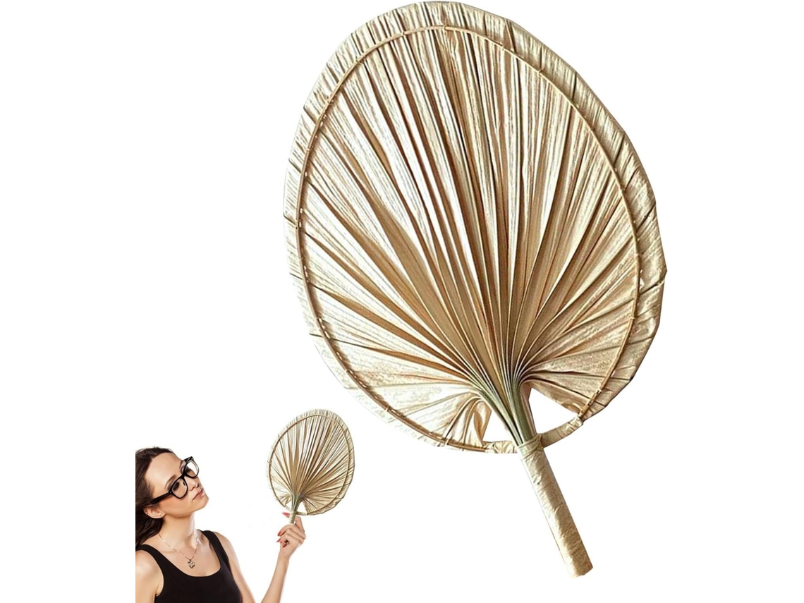 Ventilador de resfriamento natural com folhas de palmeira, resistente a temperaturas ambientes, operado manualmente.