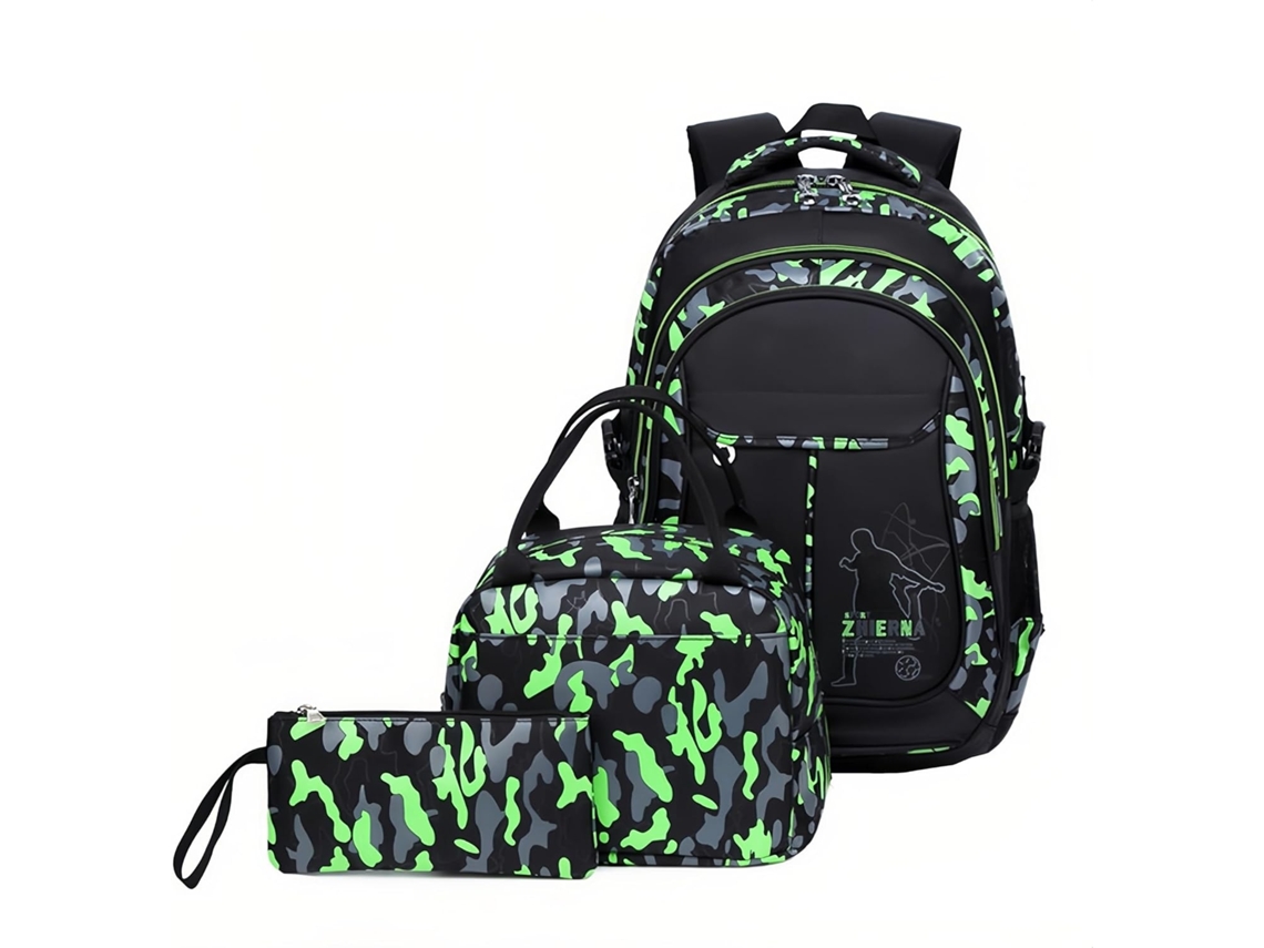 Conjunto De Mochila Escolar Infantil, Portátil Até 14 Polegadas, Material Nylon, Impermeável, Com Lancheira E Estojo Elysve