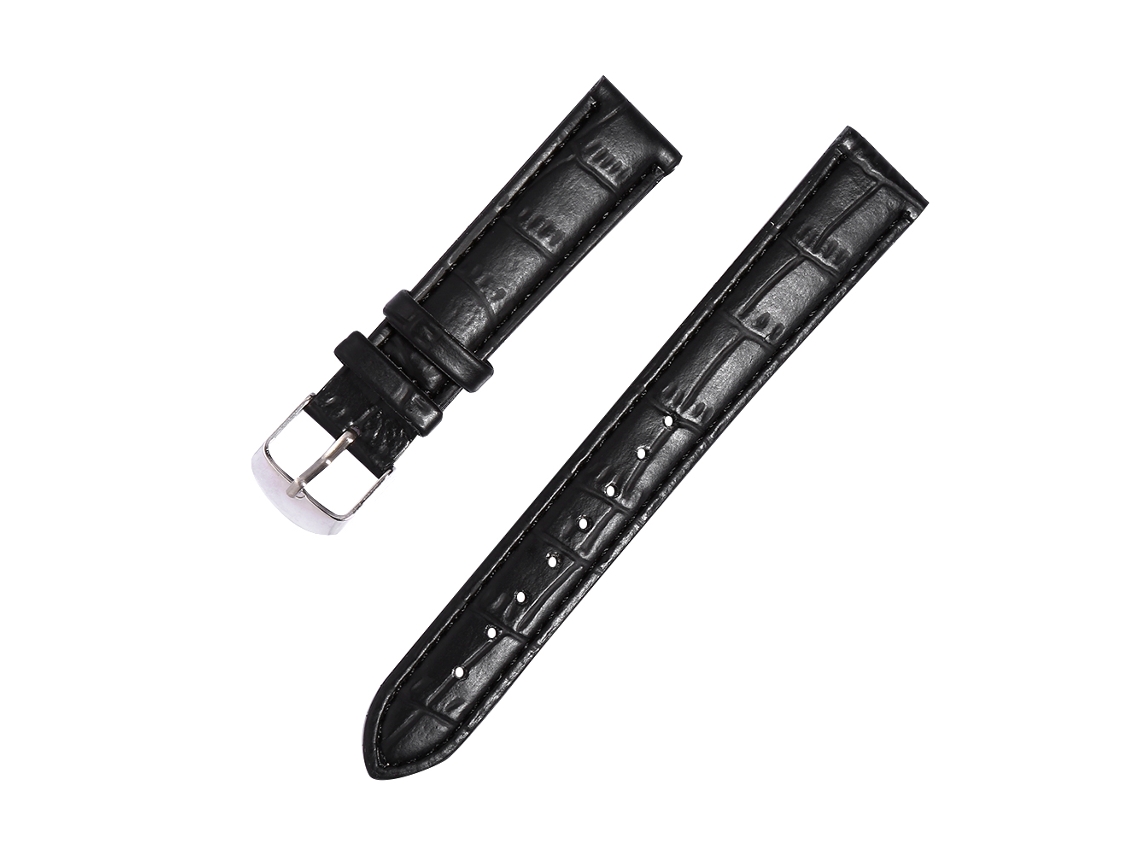 Pulseira de relógio em couro PU com fivela em aço inoxidável, preta, 18 mm