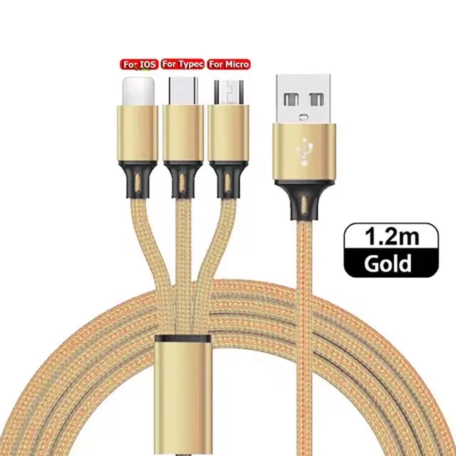 Cabo De Carregamento 3 Em 1 (dourado, 1,2 M), Com Múltiplas Portas Usb E Conectores Tipo C/micro Usb.